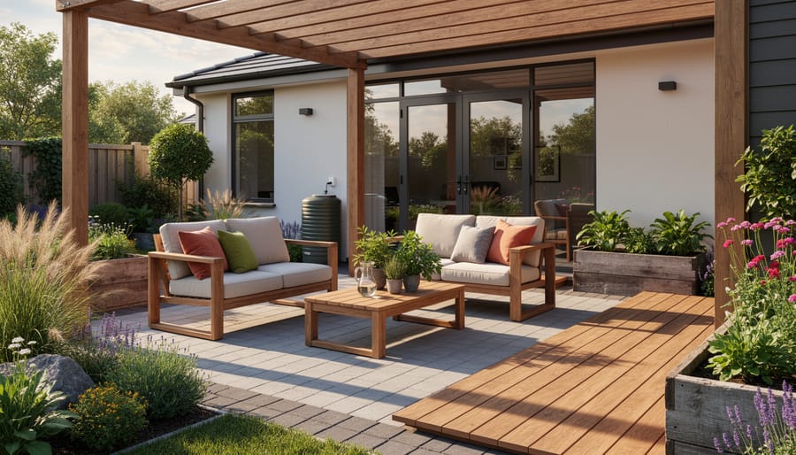 Outdoor patio featuring reclaimed wood decking and salvaged brick pavers in warm sunlight