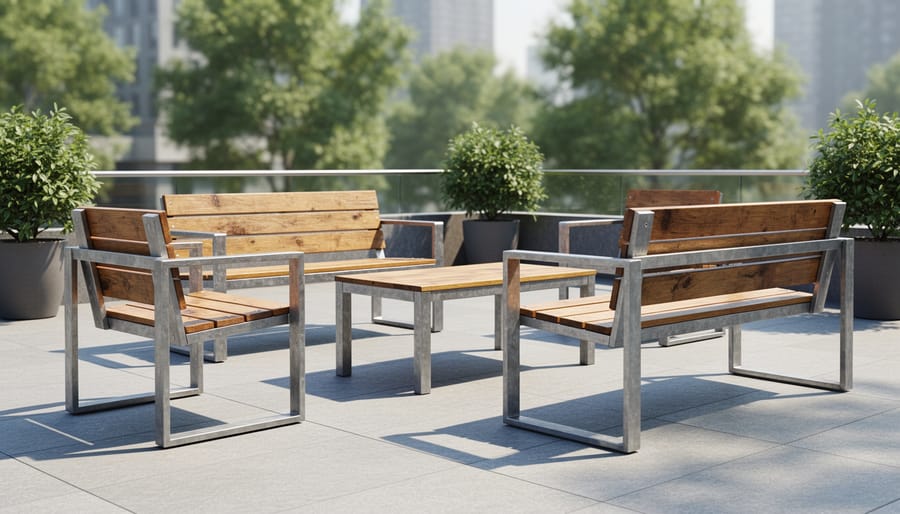 Outdoor seating with recycled aluminum frame and reclaimed wood tabletop in warm golden light