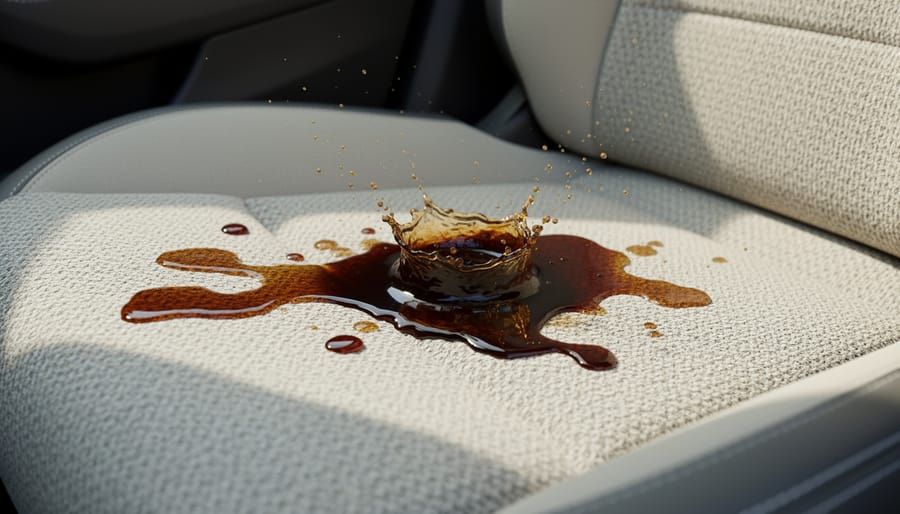 Overturned iced coffee cup with a fresh coffee spill stain on the front passenger seat fabric of a parked car.