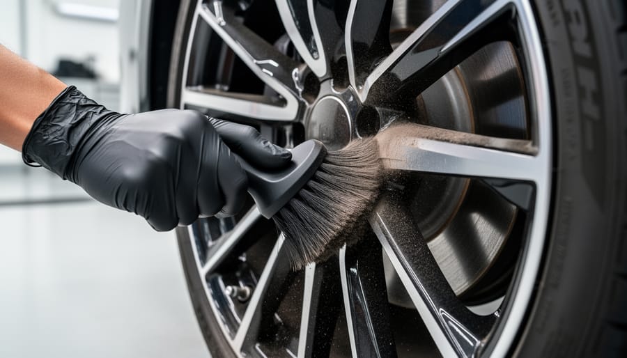 Person scrubbing a car wheel with a soft-bristle brush to remove brake dust