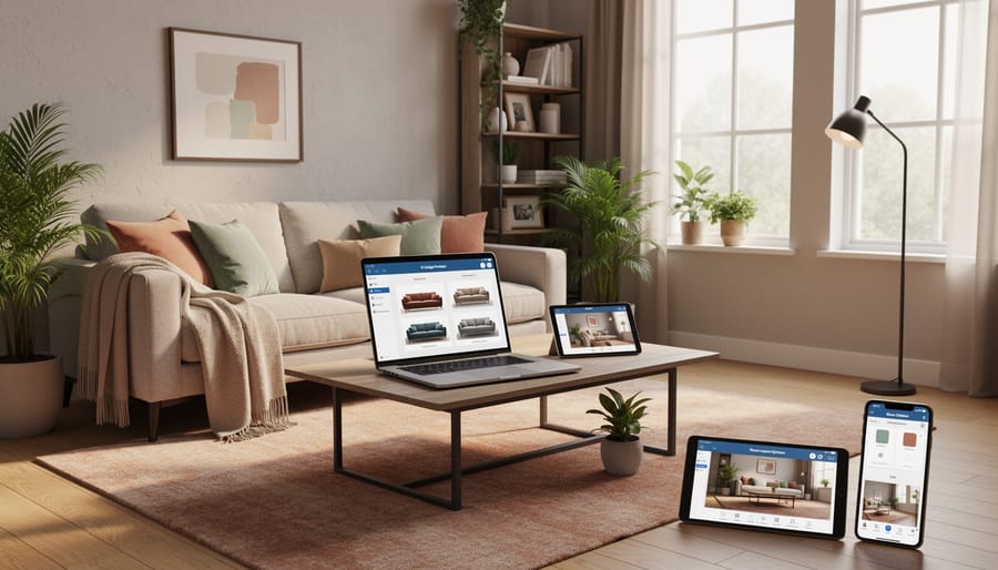 Person standing in a modern living room holding a smartphone near furniture and decor