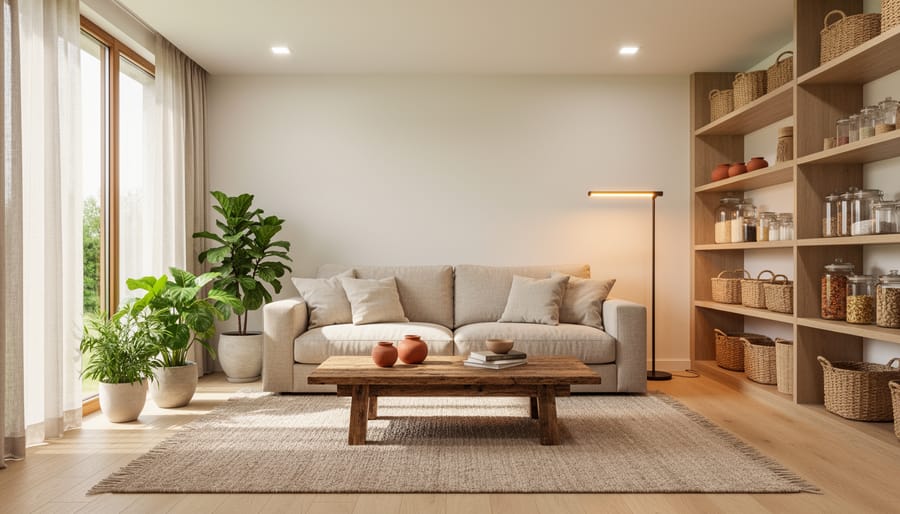 Plant-filled corner in a living space with natural fabrics, reclaimed wood furniture, and warm lamp light