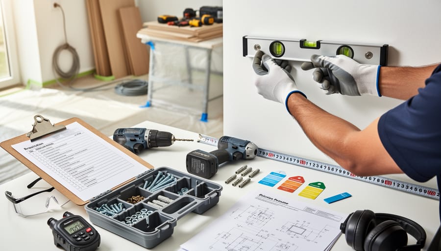 Professional installing closet organization hardware with power drill in an unfinished closet