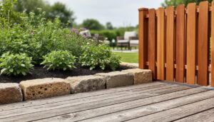 “Eco-friendly outdoor landscape with reclaimed wood deck boards, natural stone edging, and responsibly sourced fencing surrounding a garden bed.”