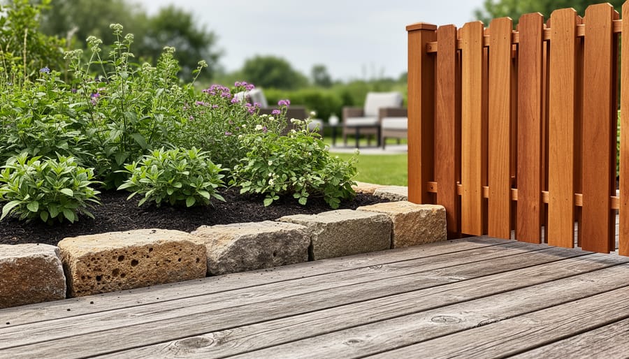 “Eco-friendly outdoor landscape with reclaimed wood deck boards, natural stone edging, and responsibly sourced fencing surrounding a garden bed.”