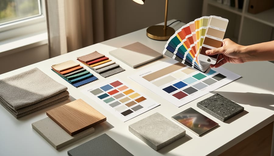 Top-down view of a laptop, fabric swatches, and paint samples on a light wood desk in an interior design workspace