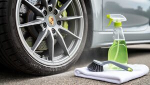 Close-up of a Porsche wheel while cleaning brake dust, with a wheel cleaner spray bottle, soft-bristle brush, and microfiber towel nearby on a driveway.