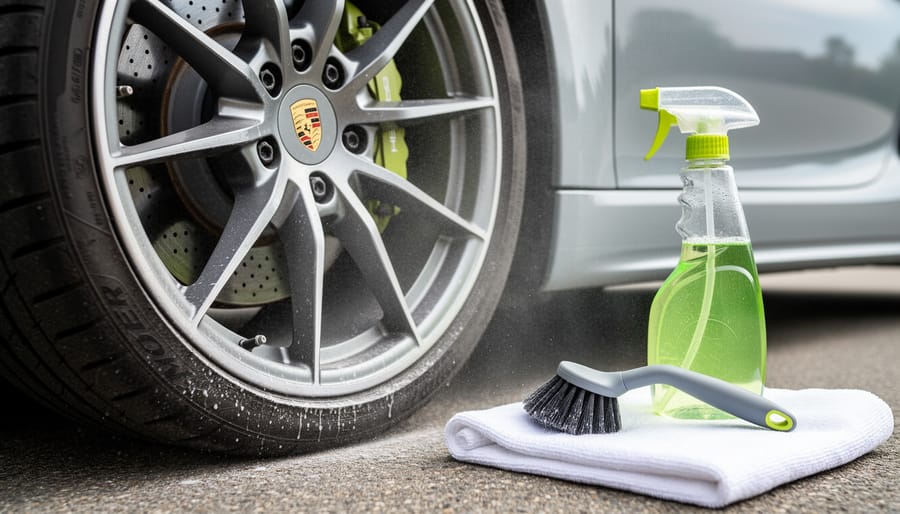 Close-up of a Porsche wheel while cleaning brake dust, with a wheel cleaner spray bottle, soft-bristle brush, and microfiber towel nearby on a driveway.