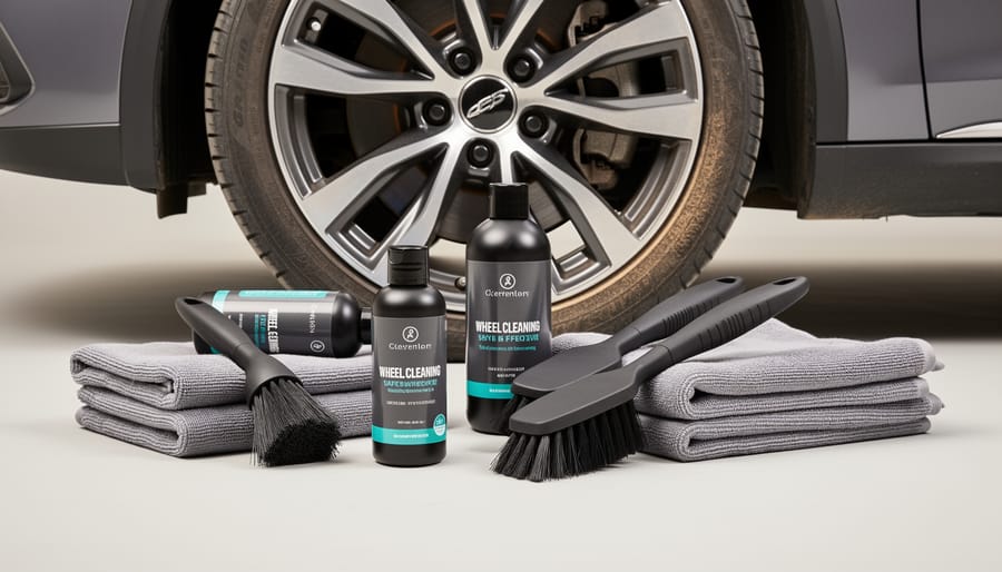 Wheel cleaning tools including brushes and microfiber towel arranged on a workbench