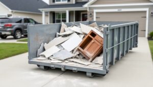 A 10-yard roll-off dumpster on a driveway filled with bathroom remodel debris such as broken tile, cement board, drywall, and an old vanity cabinet.