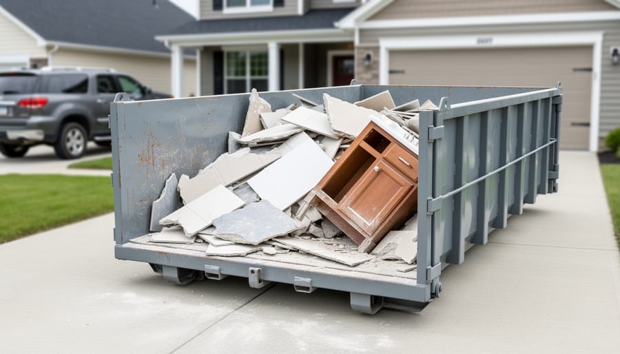A 10-yard roll-off dumpster on a driveway filled with bathroom remodel debris such as broken tile, cement board, drywall, and an old vanity cabinet.