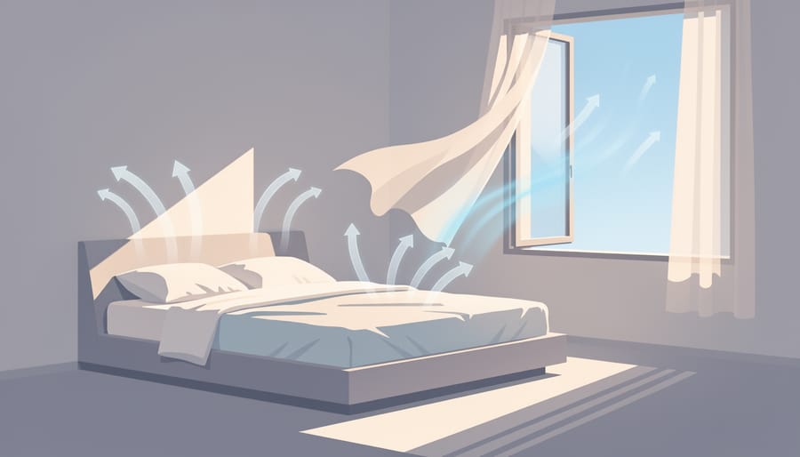 Cooling, breathable side sleeper pillow on a made bed in a sunlit bedroom.