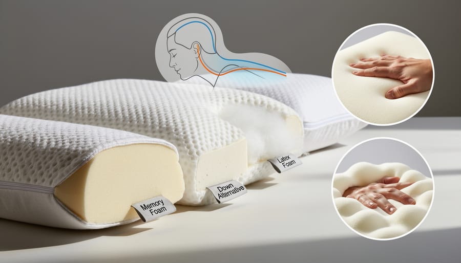 Close-up of pillow materials showing foam texture and compression under gentle pressure.