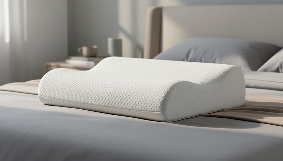 Close-up of a supportive side sleeper pillow on a bed with neutral bedding, shown in soft natural daylight.