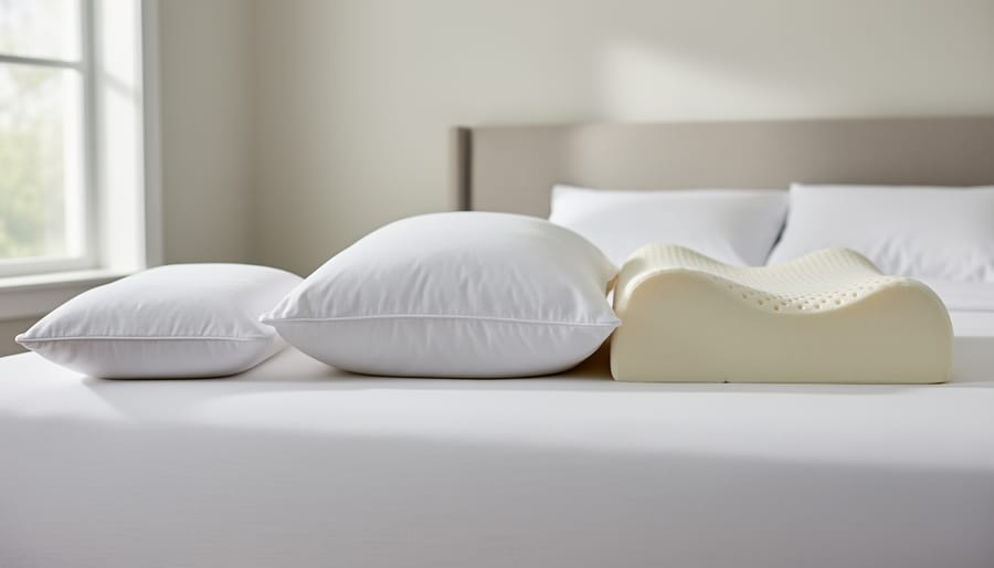 Stacked side sleeper pillows showing different loft heights and textures on a bed.