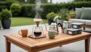 Outdoor coffee and tea station on a teak coffee table with mugs, a kettle, and tea storage items in a patio setting.