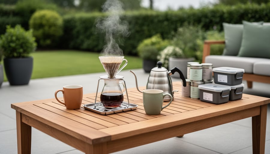 Outdoor coffee and tea station on a teak coffee table with mugs, a kettle, and tea storage items in a patio setting.
