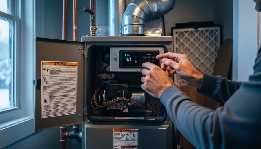 A homeowner inspecting a winter furnace and control area near the thermostat, with the furnace access panel open in a utility closet.