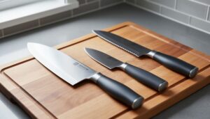 Close-up of a chef’s knife, paring knife, and serrated bread knife arranged on a wooden cutting board in a modern kitchen.