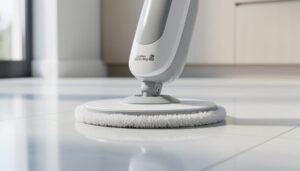 Cordless electric mop cleaning a glossy vinyl floor in a modern kitchen with soft microfiber pads.