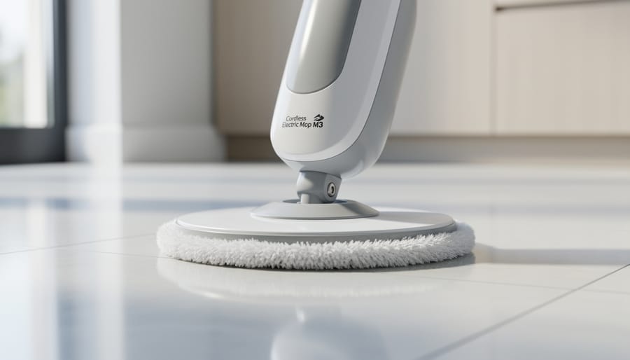 Cordless electric mop cleaning a glossy vinyl floor in a modern kitchen with soft microfiber pads.