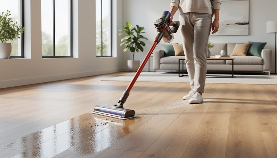 Person kneeling while using a cordless electric mop to clean a vinyl floor