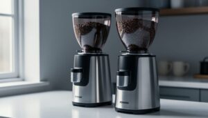 “Close-up of electric coffee grinders on a kitchen countertop with coffee beans in the hopper, photographed in soft morning light.”