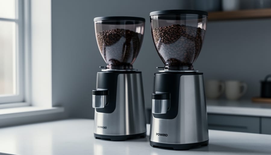 “Close-up of electric coffee grinders on a kitchen countertop with coffee beans in the hopper, photographed in soft morning light.”