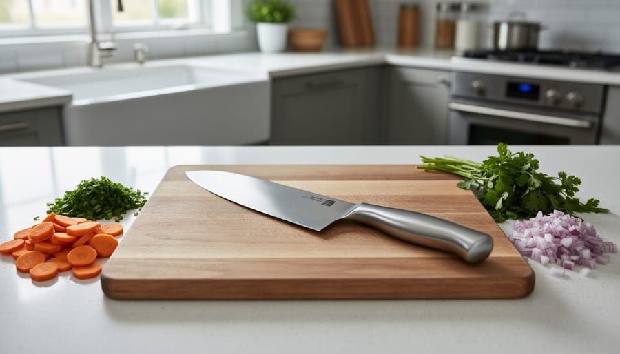 Home cook slicing fresh vegetables on a wooden cutting board with a chef’s knife