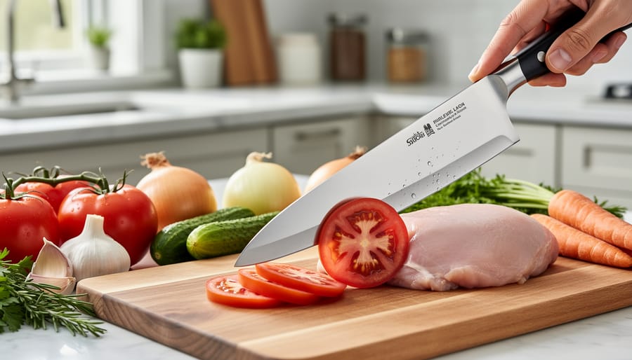 Hands slicing cherry tomatoes and shaving a carrot with kitchen knives during testing