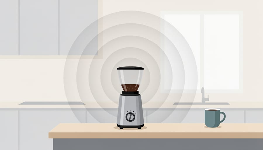 Coffee grinder in a minimal kitchen with a visual metaphor implying reduced noise.