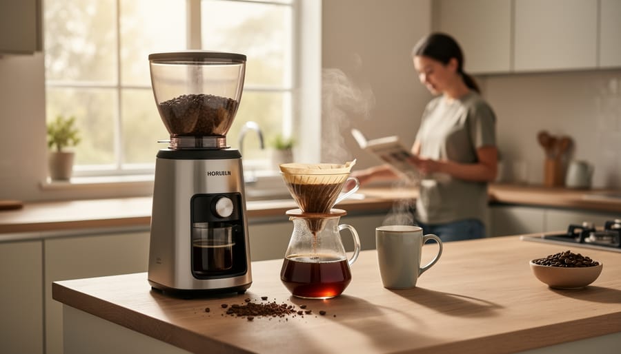 Electric burr coffee grinder next to a mug of coffee steam in a modern kitchen during the morning.