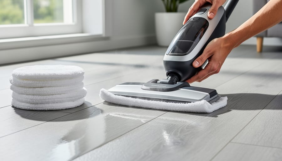 Close-up of a steam mop pad with water droplets being held above a sink