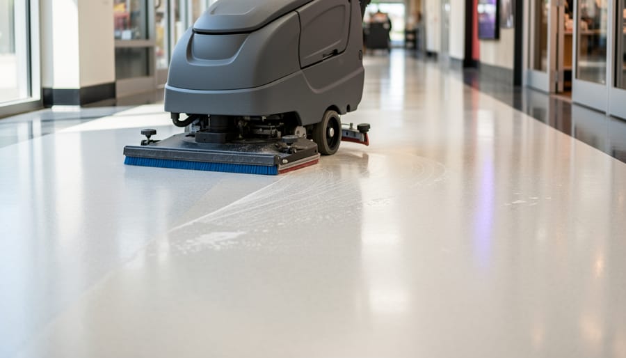 Close-up of scuffed and lightly dirty vinyl floor near an entryway